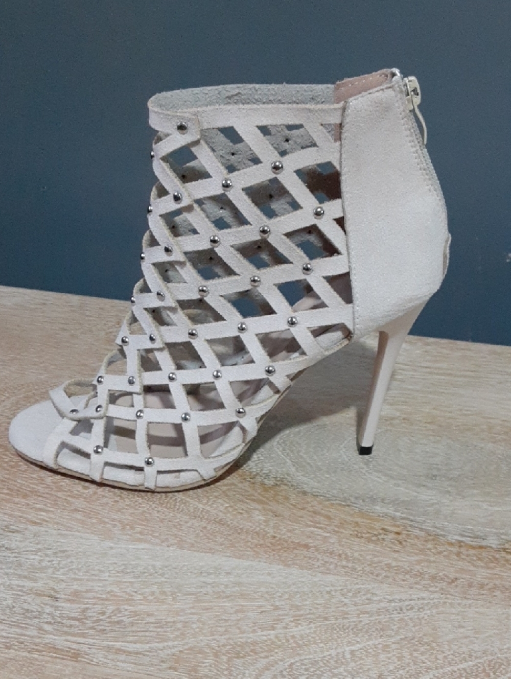 Women's Open Lattice High Heel Ankle Boot in Off-White